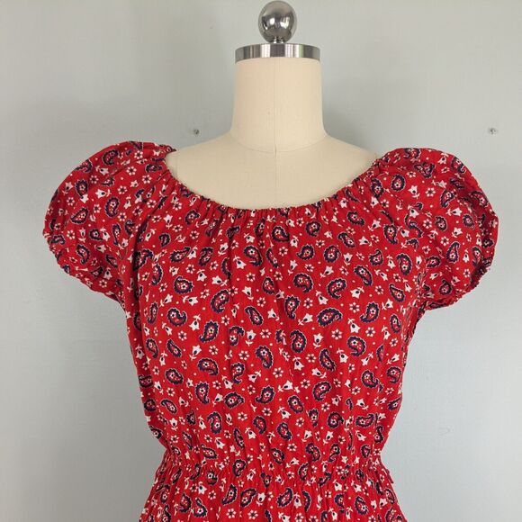 Vintage Dress Bandana Print Fit Flare Short Sleeve Patriotic July Navy Red M - Picture 2 of 11